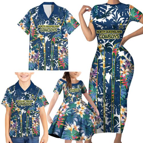 North Queensland Cowboys Family Matching Short Sleeve Bodycon Dress and Hawaiian Shirt Tropical Hibiscus Floral Pattern With Blue And Yellow Accents