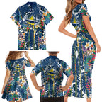 North Queensland Cowboys Family Matching Short Sleeve Bodycon Dress and Hawaiian Shirt Tropical Hibiscus Floral Pattern With Blue And Yellow Accents