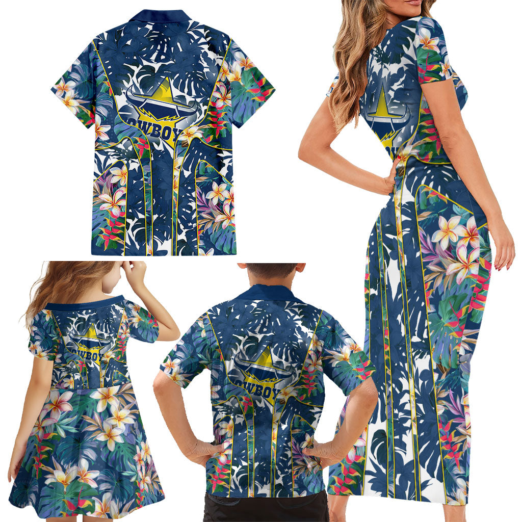 North Queensland Cowboys Family Matching Short Sleeve Bodycon Dress and Hawaiian Shirt Tropical Hibiscus Floral Pattern With Blue And Yellow Accents