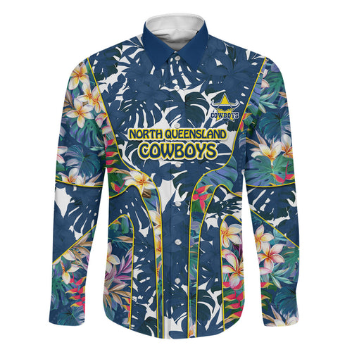 North Queensland Cowboys Family Matching Short Sleeve Bodycon Dress and Hawaiian Shirt Tropical Hibiscus Floral Pattern With Blue And Yellow Accents
