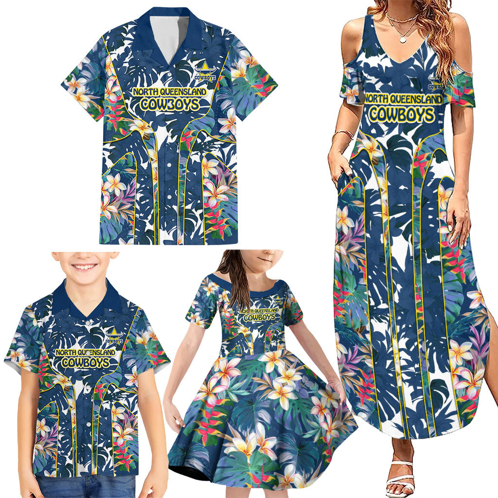 North Queensland Cowboys Family Matching Summer Maxi Dress and Hawaiian Shirt Tropical Hibiscus Floral Pattern With Blue And Yellow Accents