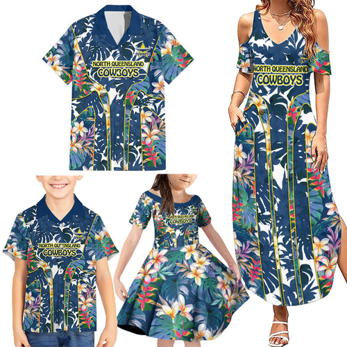 North Queensland Cowboys Family Matching Summer Maxi Dress and Hawaiian Shirt Tropical Hibiscus Floral Pattern With Blue And Yellow Accents