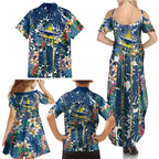 North Queensland Cowboys Family Matching Summer Maxi Dress and Hawaiian Shirt Tropical Hibiscus Floral Pattern With Blue And Yellow Accents