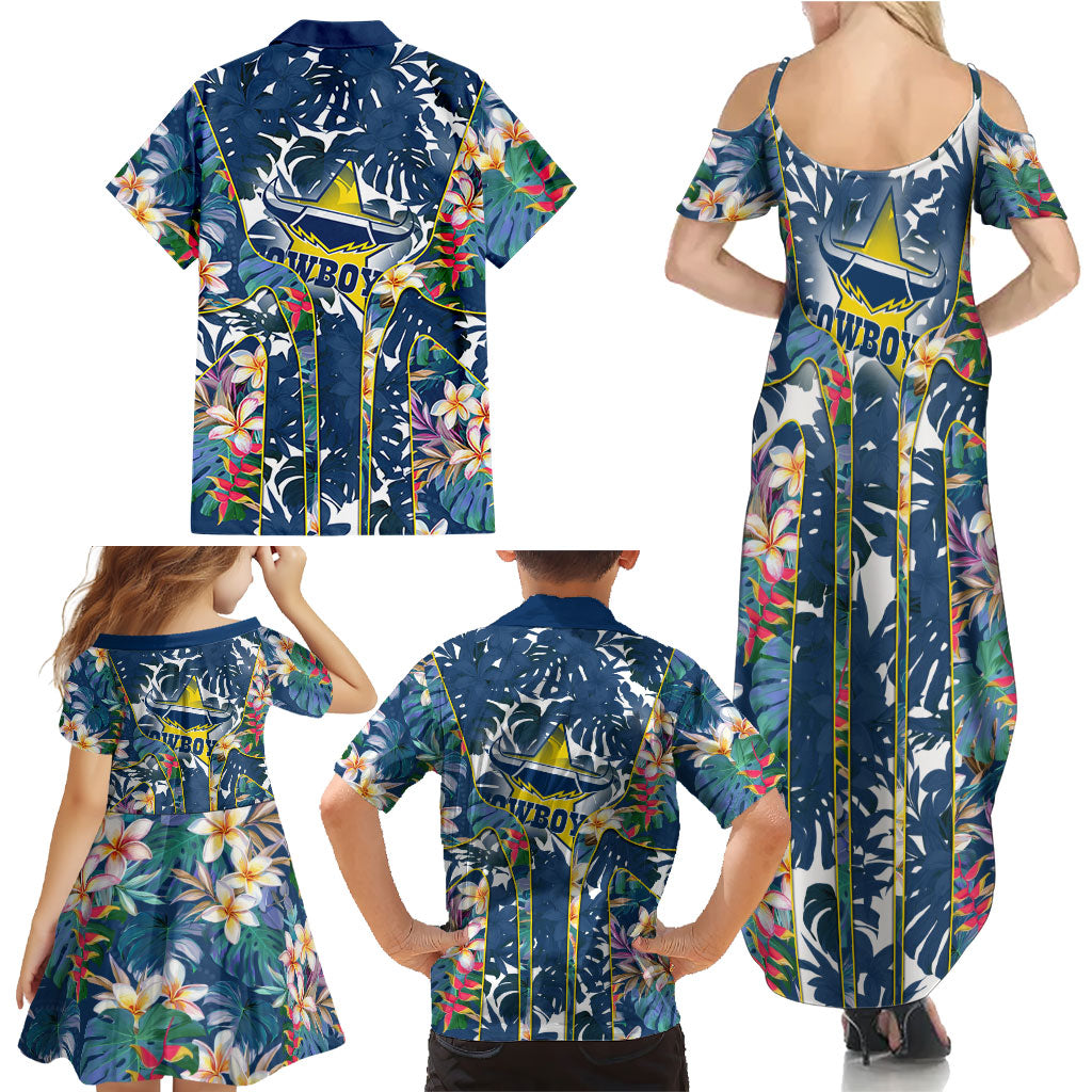 North Queensland Cowboys Family Matching Summer Maxi Dress and Hawaiian Shirt Tropical Hibiscus Floral Pattern With Blue And Yellow Accents
