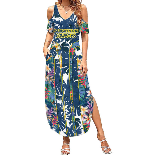 North Queensland Cowboys Family Matching Summer Maxi Dress and Hawaiian Shirt Tropical Hibiscus Floral Pattern With Blue And Yellow Accents