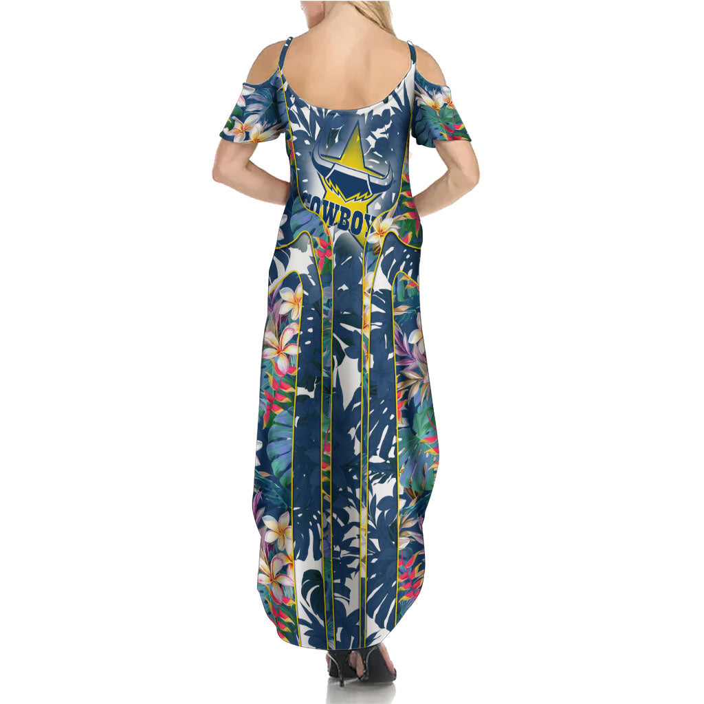 North Queensland Cowboys Family Matching Summer Maxi Dress and Hawaiian Shirt Tropical Hibiscus Floral Pattern With Blue And Yellow Accents