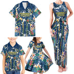 North Queensland Cowboys Family Matching Tank Maxi Dress and Hawaiian Shirt Tropical Hibiscus Floral Pattern With Blue And Yellow Accents