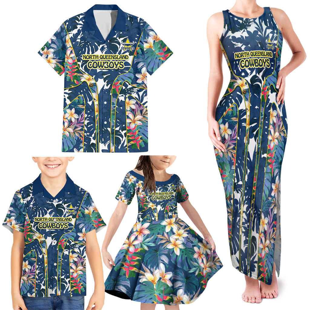 North Queensland Cowboys Family Matching Tank Maxi Dress and Hawaiian Shirt Tropical Hibiscus Floral Pattern With Blue And Yellow Accents