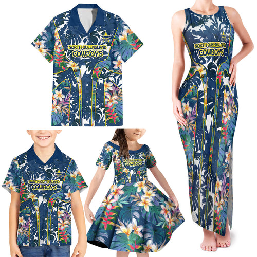 North Queensland Cowboys Family Matching Tank Maxi Dress and Hawaiian Shirt Tropical Hibiscus Floral Pattern With Blue And Yellow Accents