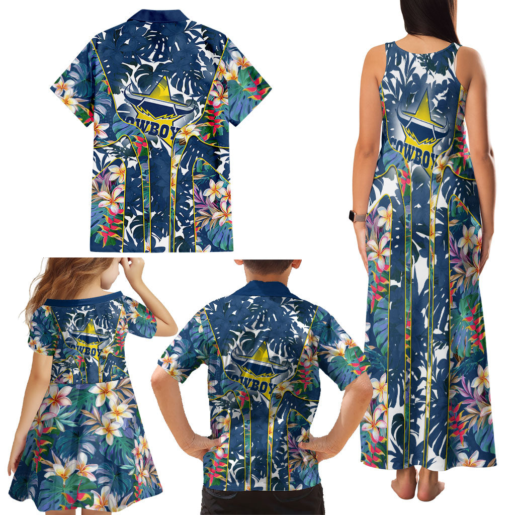 North Queensland Cowboys Family Matching Tank Maxi Dress and Hawaiian Shirt Tropical Hibiscus Floral Pattern With Blue And Yellow Accents