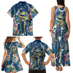 North Queensland Cowboys Family Matching Tank Maxi Dress and Hawaiian Shirt Tropical Hibiscus Floral Pattern With Blue And Yellow Accents