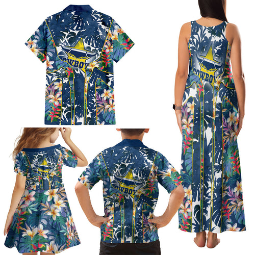North Queensland Cowboys Family Matching Tank Maxi Dress and Hawaiian Shirt Tropical Hibiscus Floral Pattern With Blue And Yellow Accents