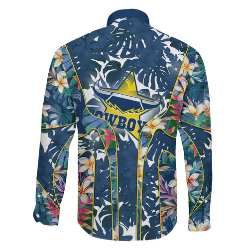 North Queensland Cowboys Family Matching Tank Maxi Dress and Hawaiian Shirt Tropical Hibiscus Floral Pattern With Blue And Yellow Accents
