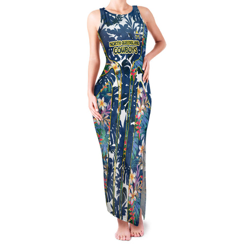 North Queensland Cowboys Family Matching Tank Maxi Dress and Hawaiian Shirt Tropical Hibiscus Floral Pattern With Blue And Yellow Accents