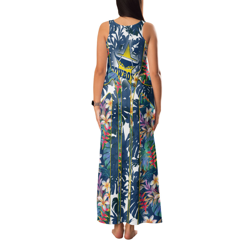 North Queensland Cowboys Family Matching Tank Maxi Dress and Hawaiian Shirt Tropical Hibiscus Floral Pattern With Blue And Yellow Accents
