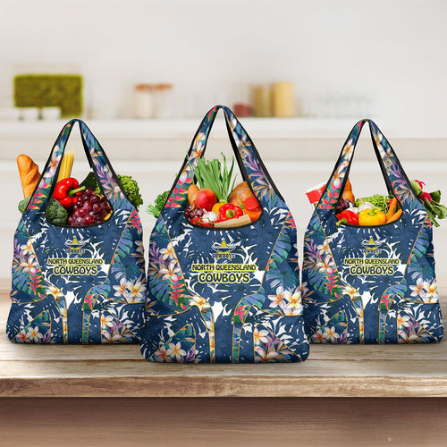 North Queensland Cowboys Grocery Bag Tropical Hibiscus Floral Pattern With Blue And Yellow Accents