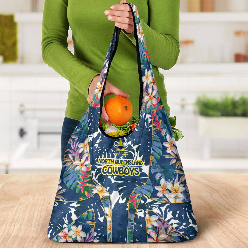 North Queensland Cowboys Grocery Bag Tropical Hibiscus Floral Pattern With Blue And Yellow Accents