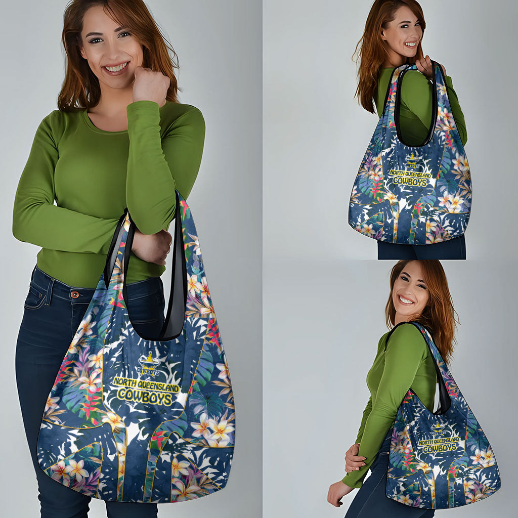 North Queensland Cowboys Grocery Bag Tropical Hibiscus Floral Pattern With Blue And Yellow Accents