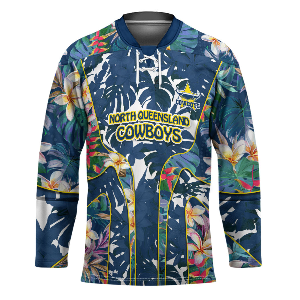 North Queensland Cowboys Hockey Jersey Tropical Hibiscus Floral Pattern With Blue And Yellow Accents