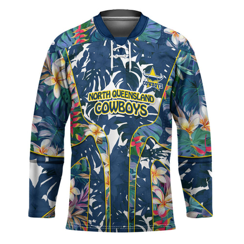 North Queensland Cowboys Hockey Jersey Tropical Hibiscus Floral Pattern With Blue And Yellow Accents