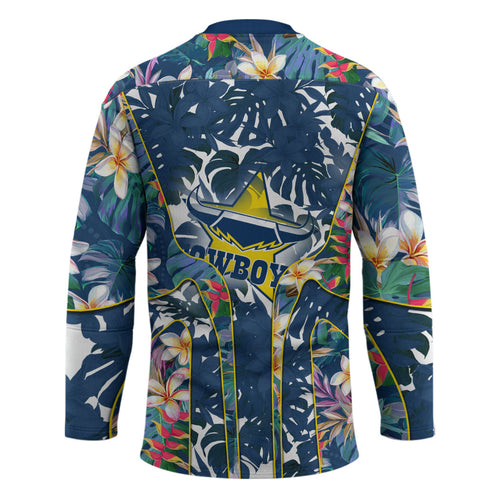 North Queensland Cowboys Hockey Jersey Tropical Hibiscus Floral Pattern With Blue And Yellow Accents
