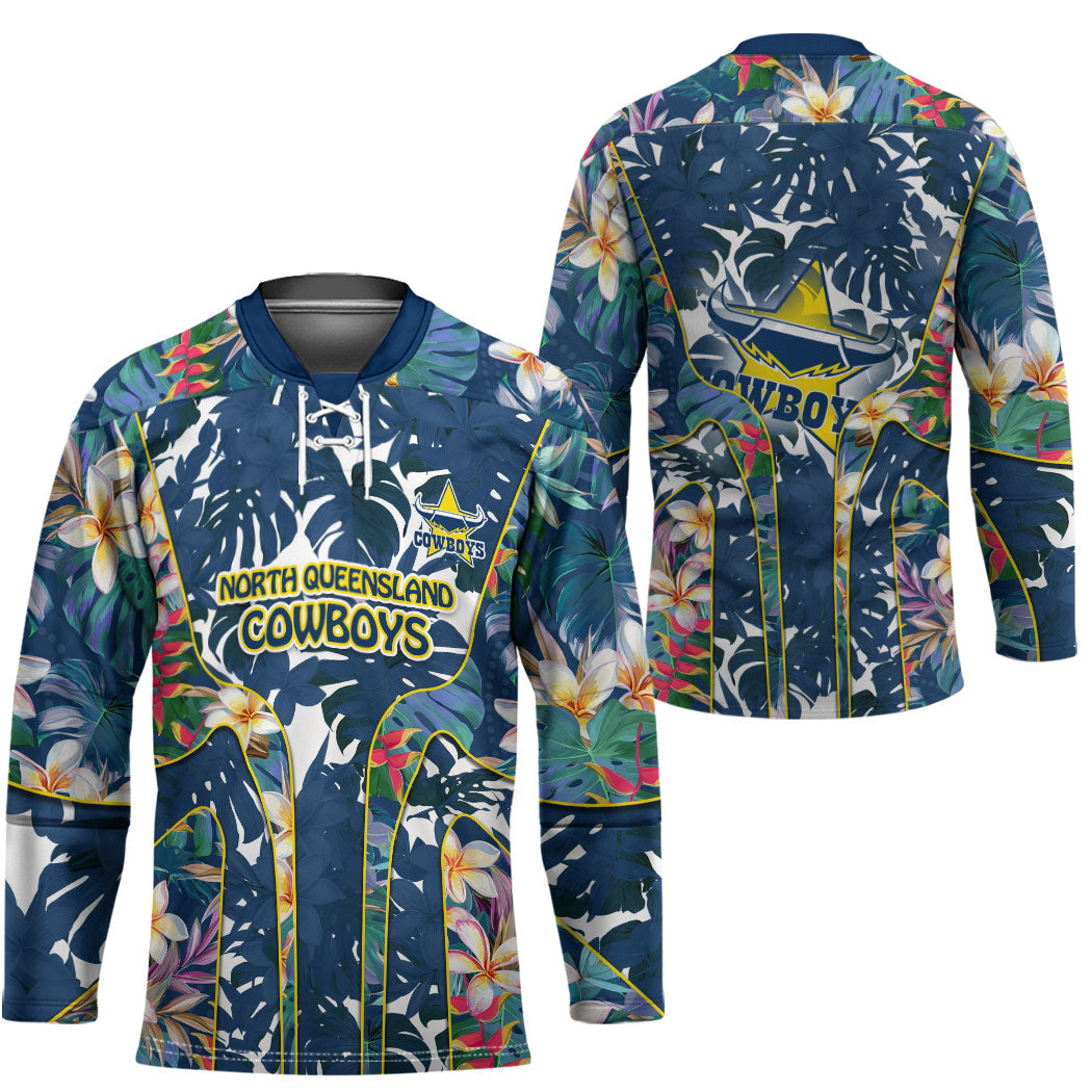 North Queensland Cowboys Hockey Jersey Tropical Hibiscus Floral Pattern With Blue And Yellow Accents