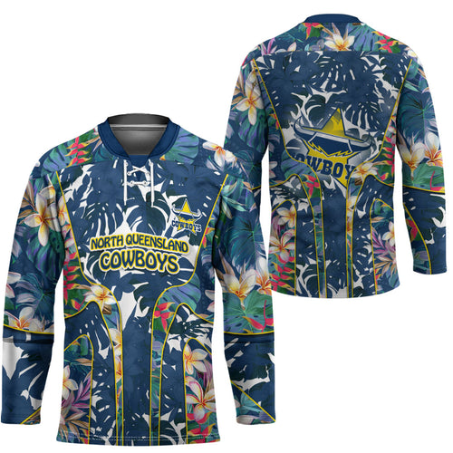 North Queensland Cowboys Hockey Jersey Tropical Hibiscus Floral Pattern With Blue And Yellow Accents