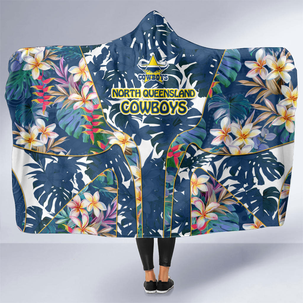 North Queensland Cowboys Hooded Blanket Tropical Hibiscus Floral Pattern With Blue And Yellow Accents