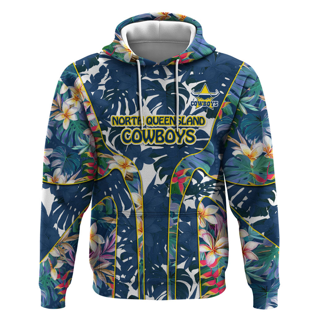 North Queensland Cowboys Hoodie Tropical Hibiscus Floral Pattern With Blue And Yellow Accents