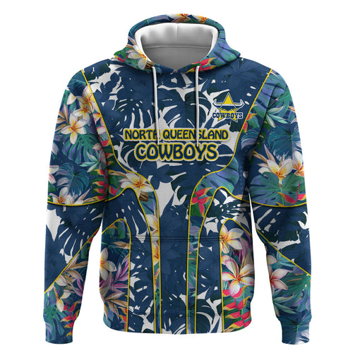 North Queensland Cowboys Hoodie Tropical Hibiscus Floral Pattern With Blue And Yellow Accents