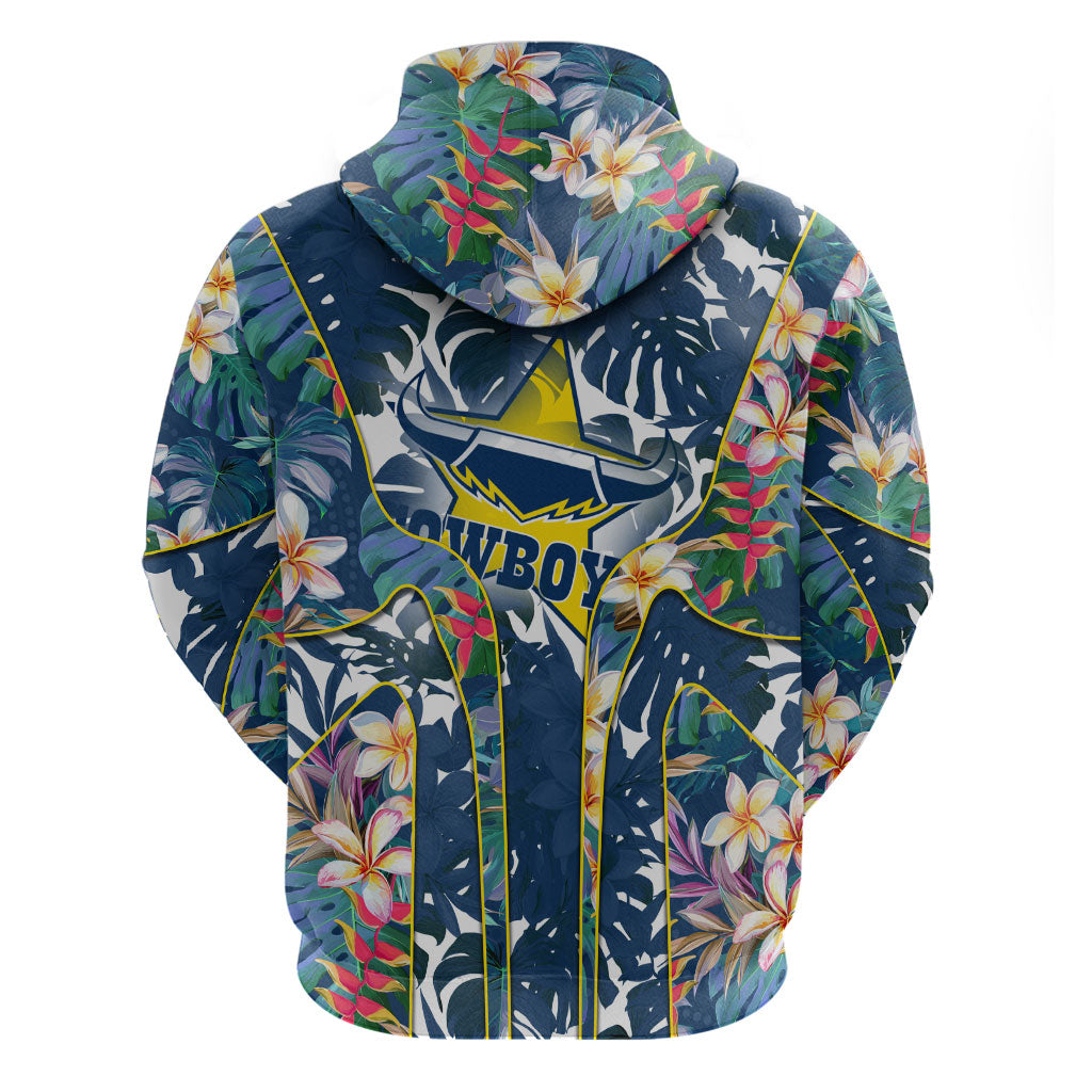 North Queensland Cowboys Hoodie Tropical Hibiscus Floral Pattern With Blue And Yellow Accents