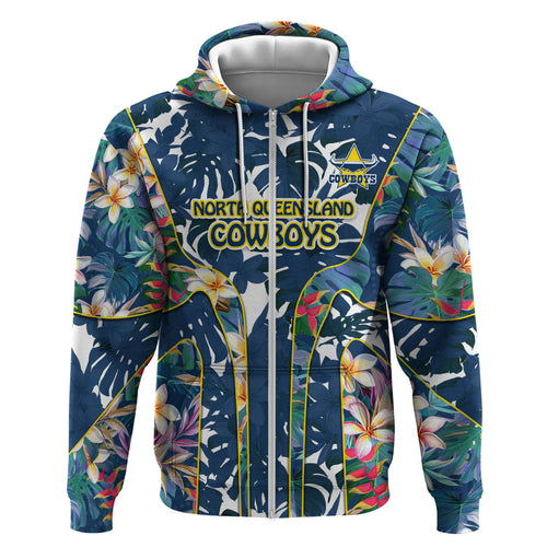 North Queensland Cowboys Hoodie Tropical Hibiscus Floral Pattern With Blue And Yellow Accents