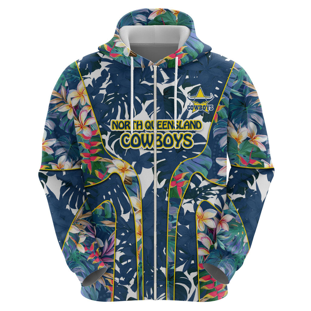 North Queensland Cowboys Hoodie Tropical Hibiscus Floral Pattern With Blue And Yellow Accents