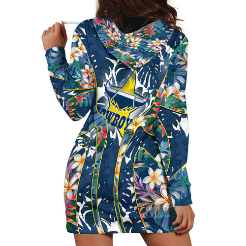 North Queensland Cowboys Hoodie Dress Tropical Hibiscus Floral Pattern With Blue And Yellow Accents