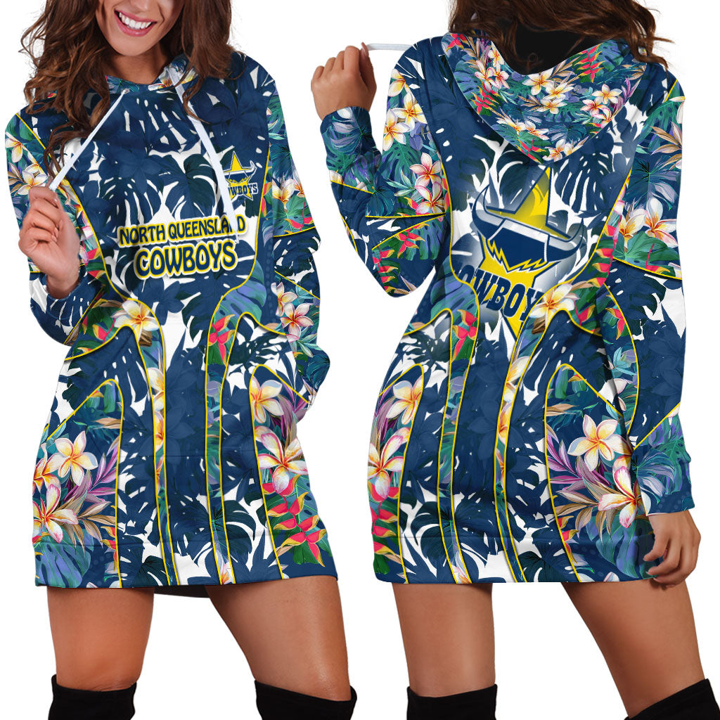 North Queensland Cowboys Hoodie Dress Tropical Hibiscus Floral Pattern With Blue And Yellow Accents