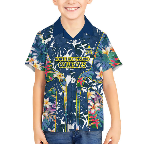 North Queensland Cowboys Kid Hawaiian Shirt Tropical Hibiscus Floral Pattern With Blue And Yellow Accents
