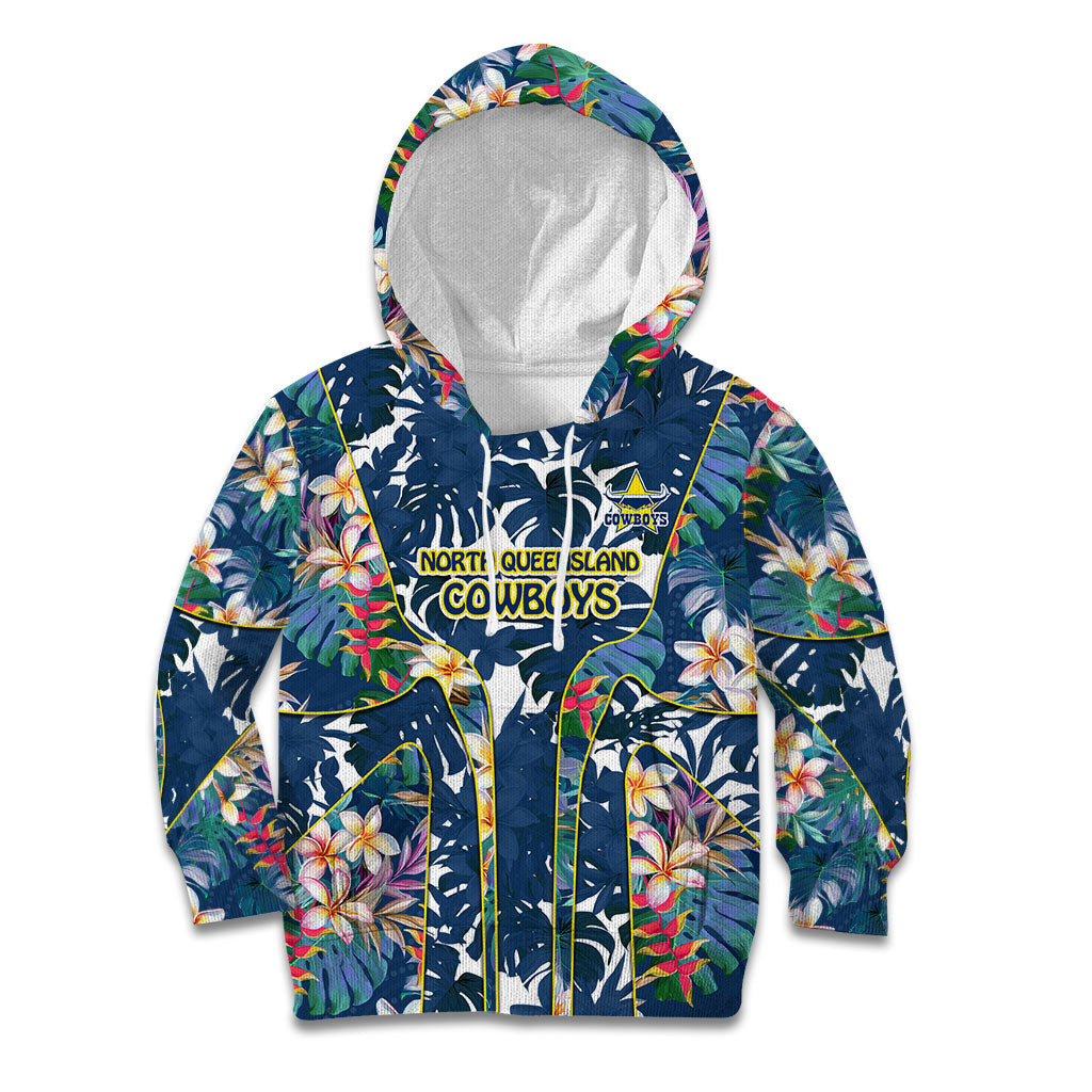 North Queensland Cowboys Kid Hoodie Tropical Hibiscus Floral Pattern With Blue And Yellow Accents