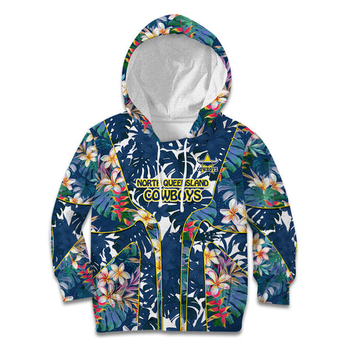 North Queensland Cowboys Kid Hoodie Tropical Hibiscus Floral Pattern With Blue And Yellow Accents