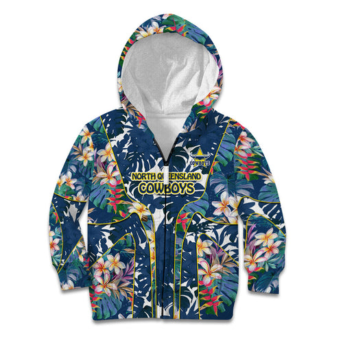 North Queensland Cowboys Kid Hoodie Tropical Hibiscus Floral Pattern With Blue And Yellow Accents