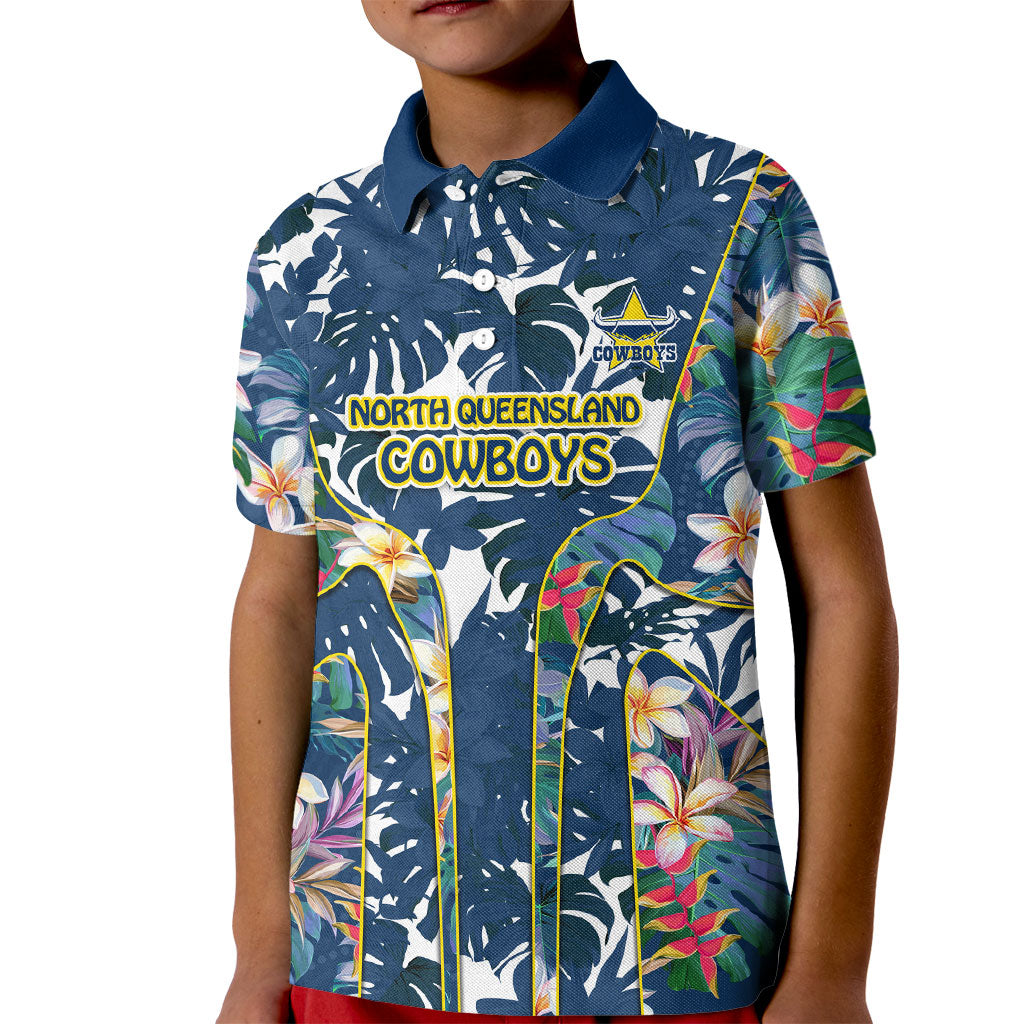 North Queensland Cowboys Kid Polo Shirt Tropical Hibiscus Floral Pattern With Blue And Yellow Accents