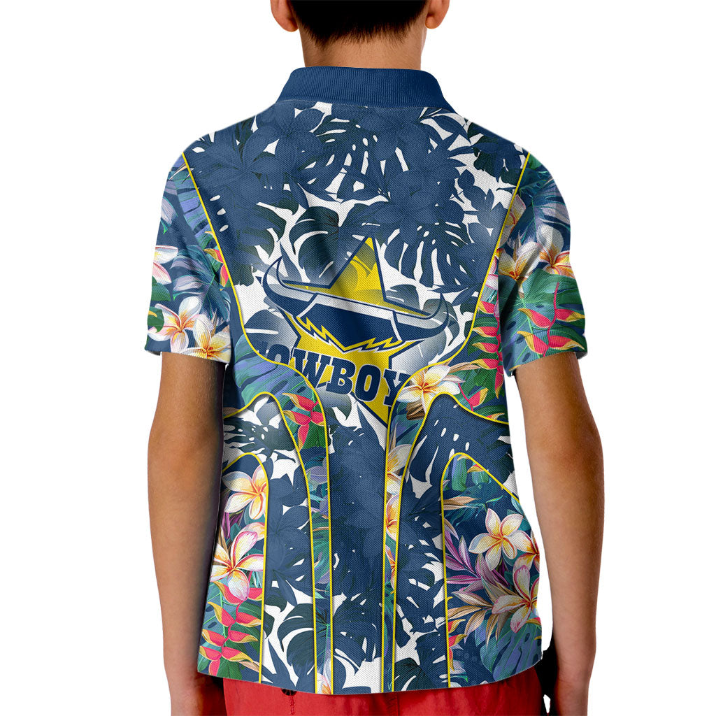 North Queensland Cowboys Kid Polo Shirt Tropical Hibiscus Floral Pattern With Blue And Yellow Accents