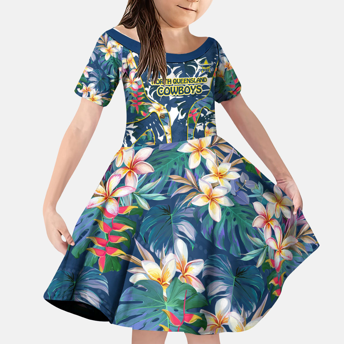North Queensland Cowboys Kid Short Sleeve Dress Tropical Hibiscus Floral Pattern With Blue And Yellow Accents