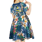 North Queensland Cowboys Kid Short Sleeve Dress Tropical Hibiscus Floral Pattern With Blue And Yellow Accents