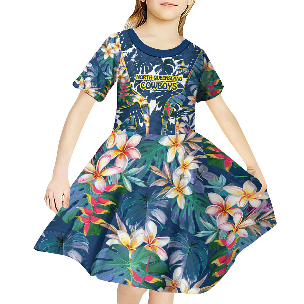 North Queensland Cowboys Kid Short Sleeve Dress Tropical Hibiscus Floral Pattern With Blue And Yellow Accents