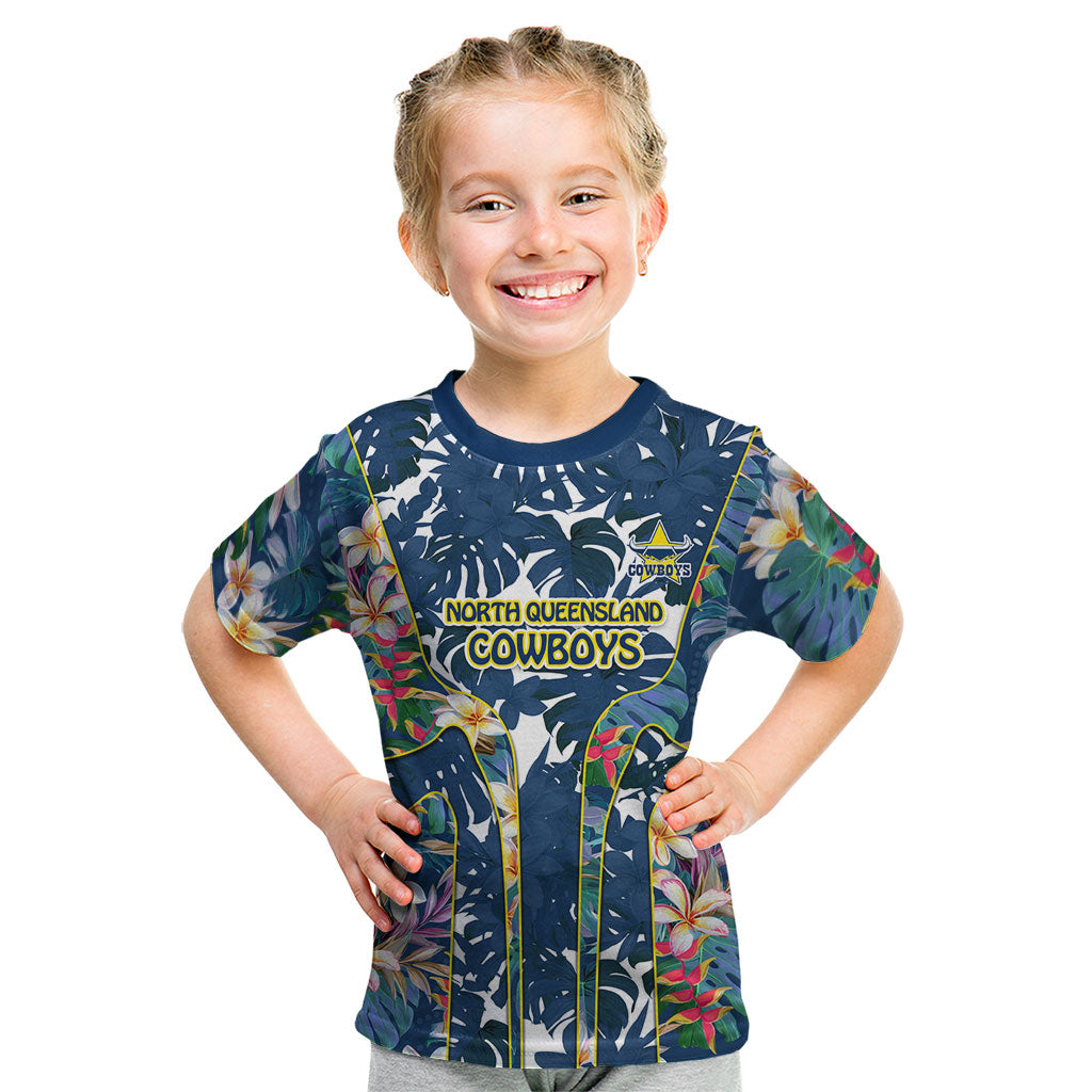 North Queensland Cowboys Kid T Shirt Tropical Hibiscus Floral Pattern With Blue And Yellow Accents