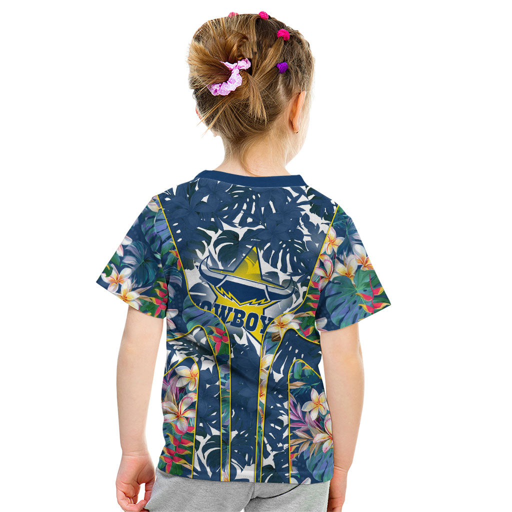 North Queensland Cowboys Kid T Shirt Tropical Hibiscus Floral Pattern With Blue And Yellow Accents