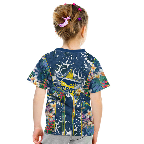 North Queensland Cowboys Kid T Shirt Tropical Hibiscus Floral Pattern With Blue And Yellow Accents