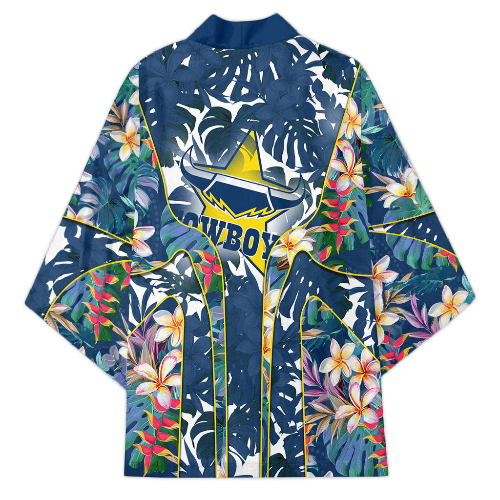 North Queensland Cowboys Kimono Tropical Hibiscus Floral Pattern With Blue And Yellow Accents