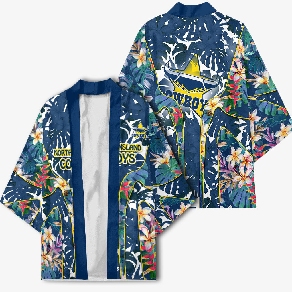 North Queensland Cowboys Kimono Tropical Hibiscus Floral Pattern With Blue And Yellow Accents