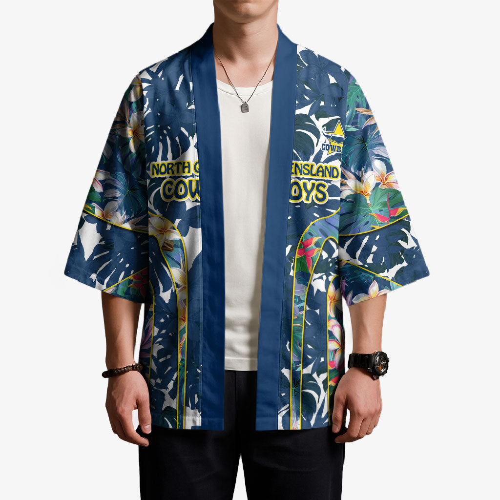 North Queensland Cowboys Kimono Tropical Hibiscus Floral Pattern With Blue And Yellow Accents